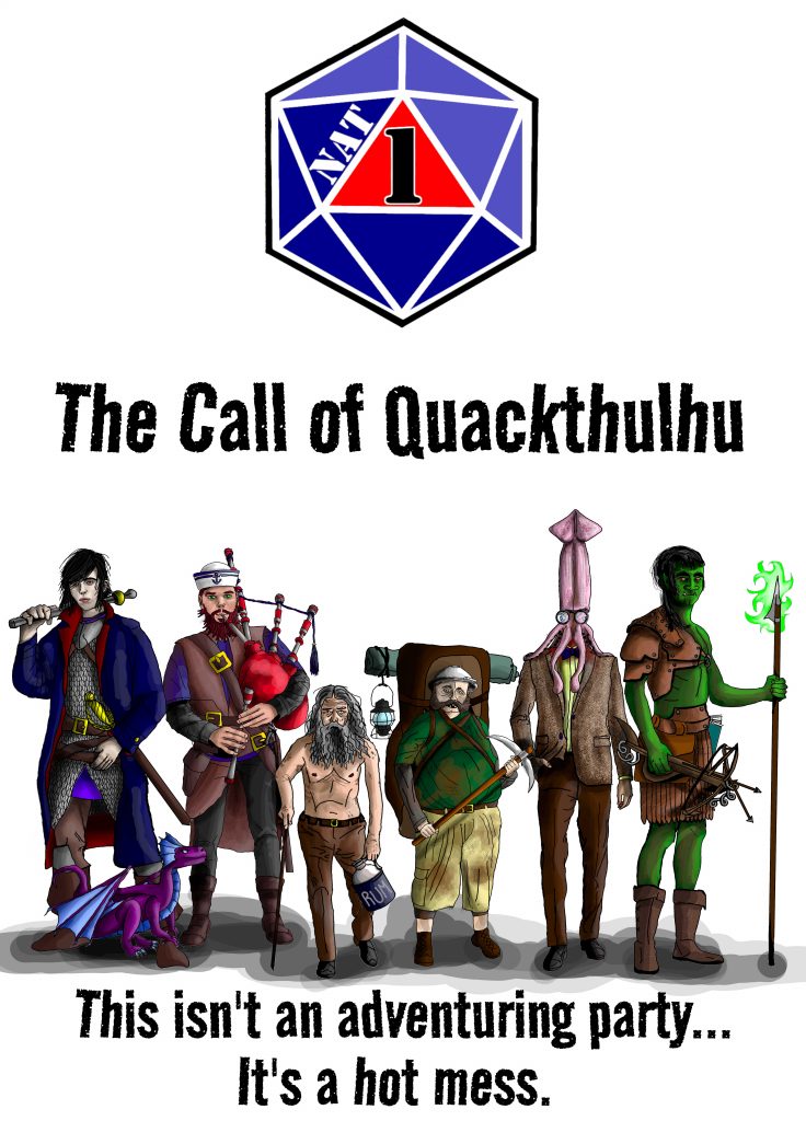 The Call of Quackthulhu Book cover. Tagline: This isn't an adventuring party... It's a hot mess.